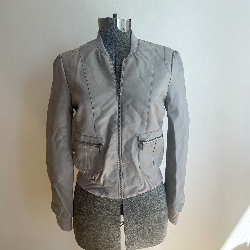 Grey faux leather bomber jacket